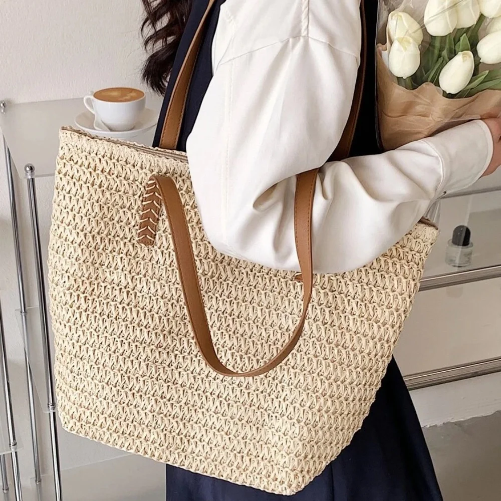 Boho Vegan Leather Strap Minimalist Straw Tote Bag - Picture 3 of 14